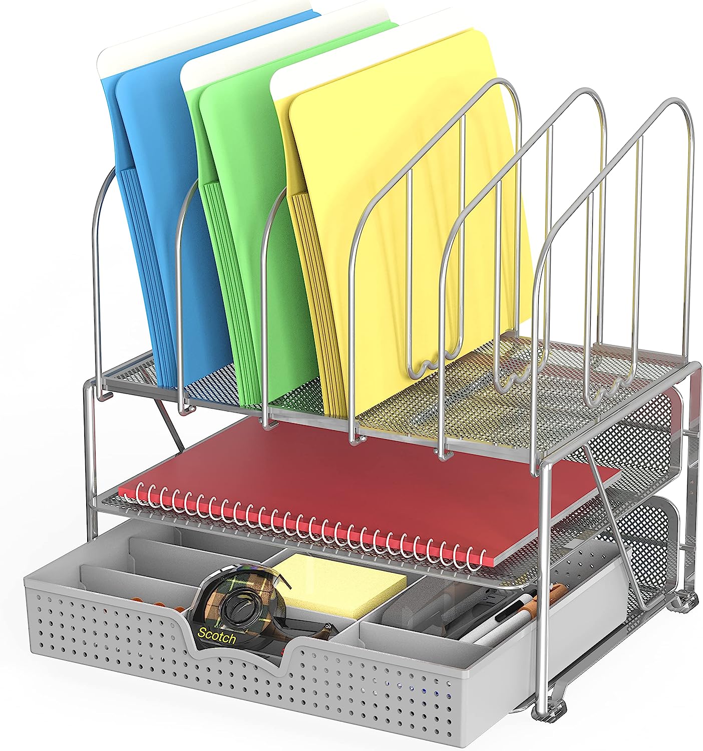 230527223151318_1 DecoBros Mesh Desk Organizer with Double Tray, 5 Upright Sections and Sliding Drawer, Black - Image 1